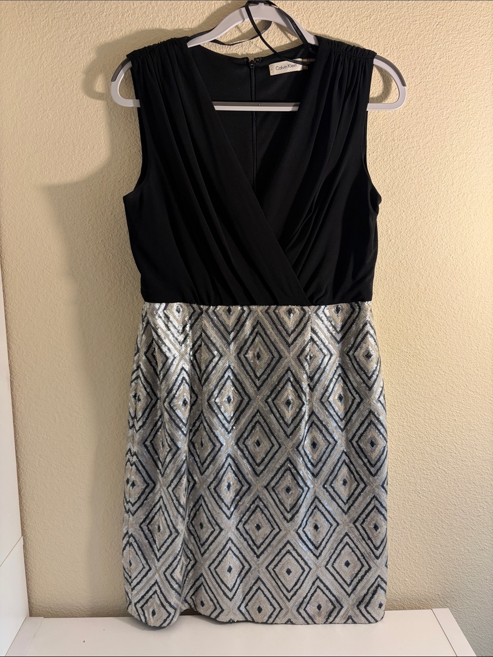 Calvin Klein Black Bodice with Silver Geometric Midi Dress